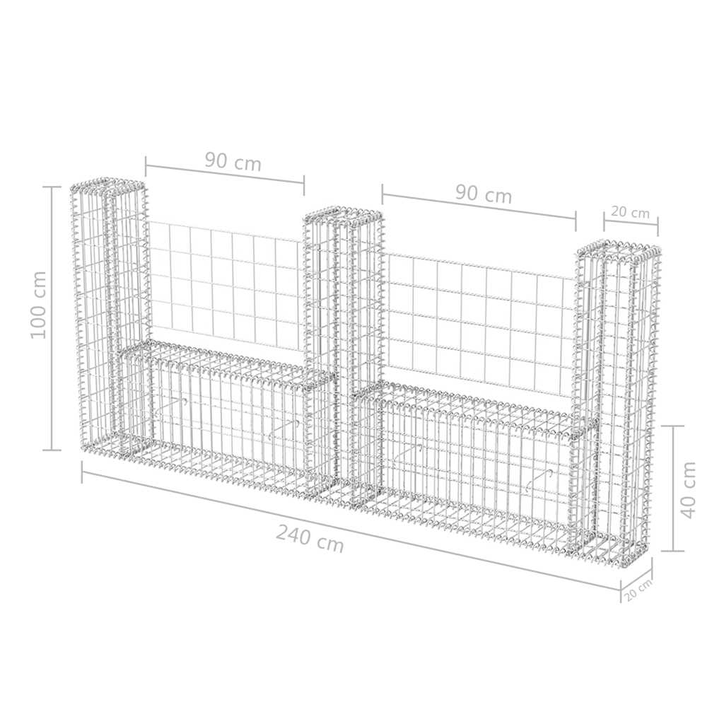 Gabionkurv u-form galvanisert stål 240x20x100 cm vidaXL