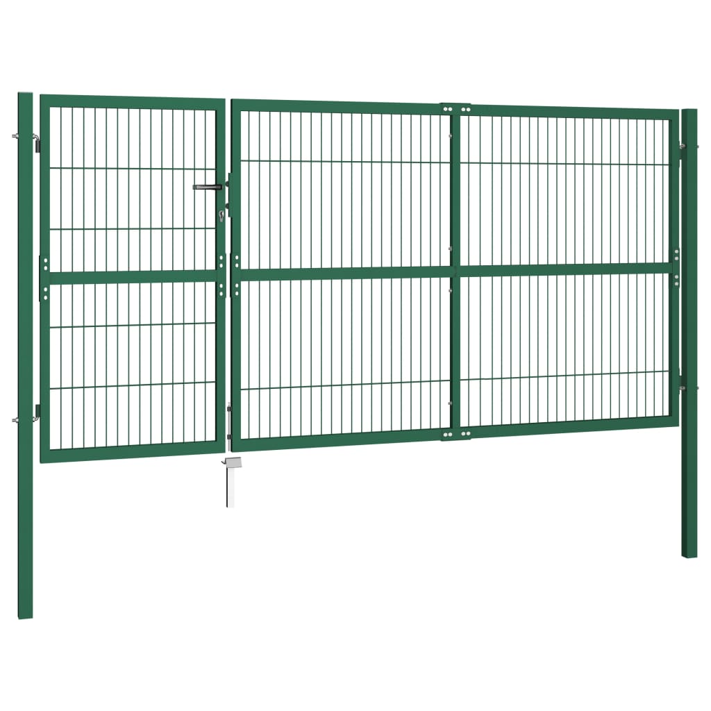Hagegjerdeport med stolper 350x140 cm stålgrønn
