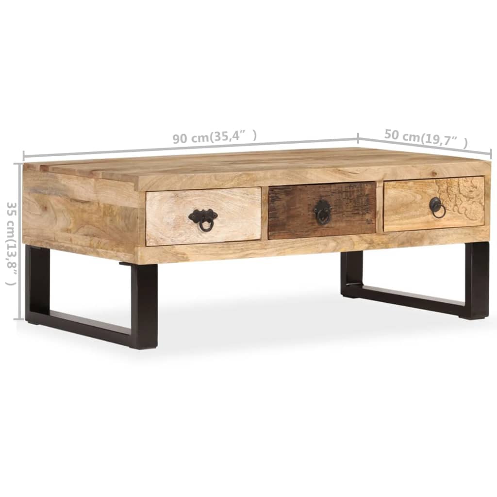 Salongbord med 3 skuffer heltre mango 90x50x35 cm