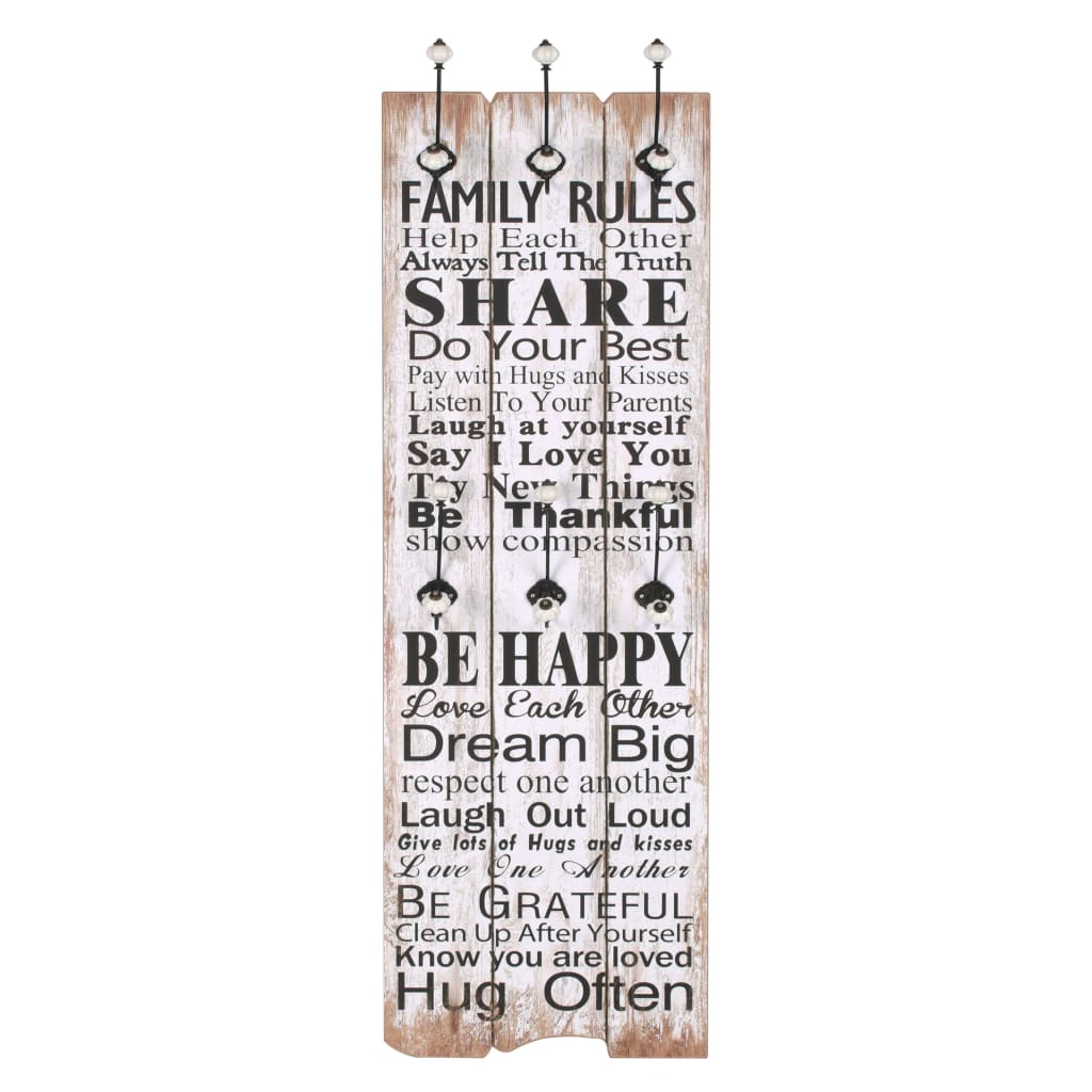 Veggmontert klesstativ med 6 kroker 120x40 cm FAMILY RULES