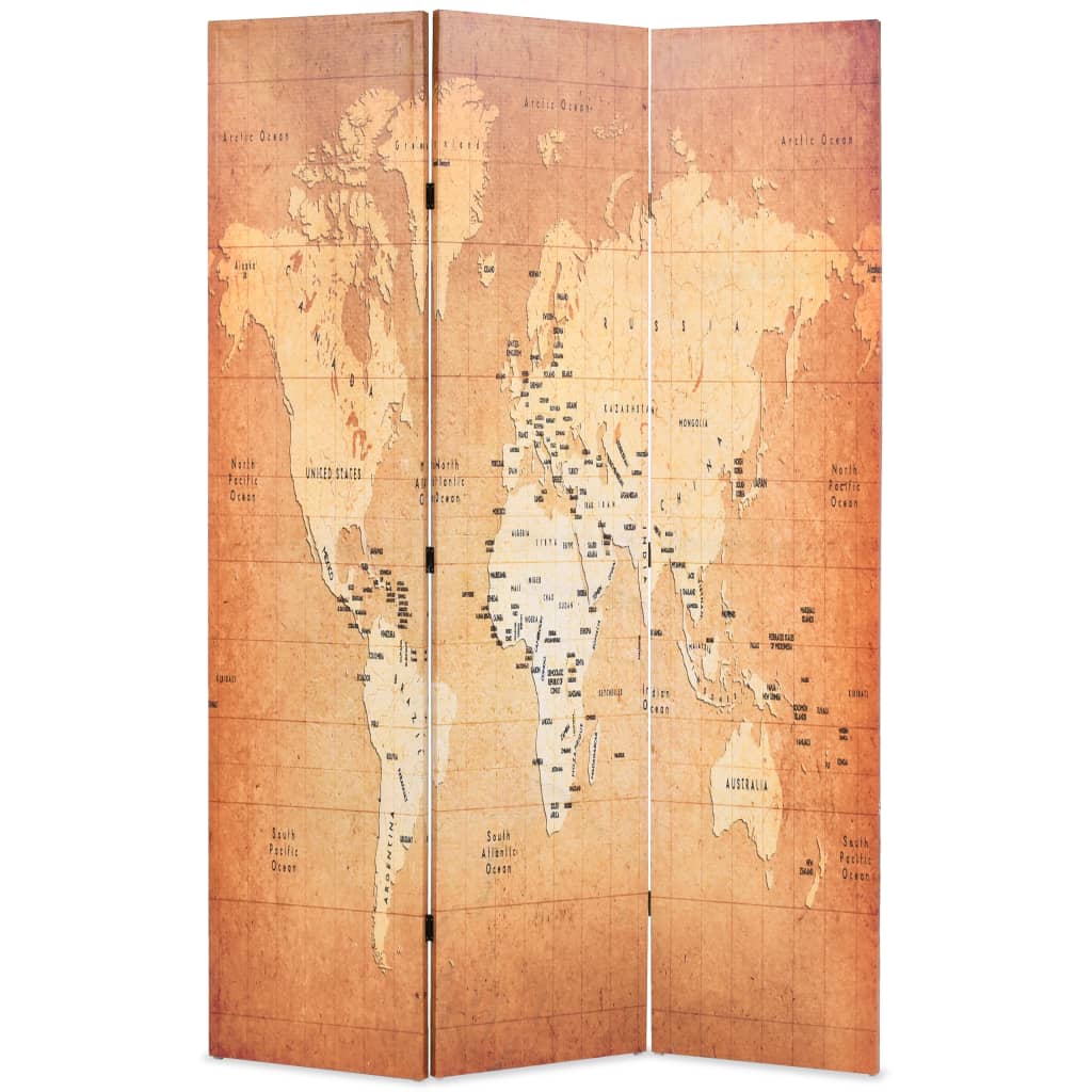 Sammenleggbar romdeler 120x170 cm verdenskart gul vidaXL