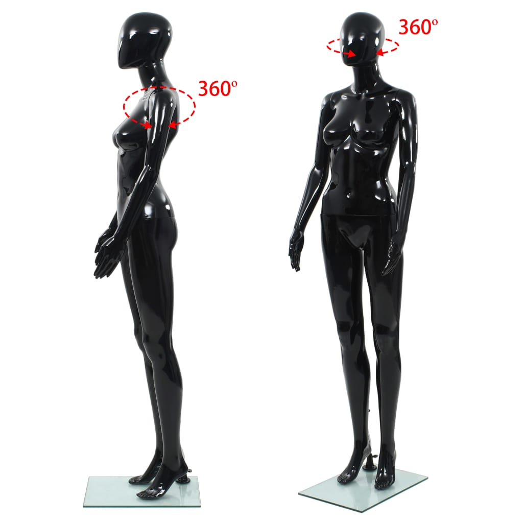 Full-body kvinnelig utstillingsdukke med glassbase svart 175 cm