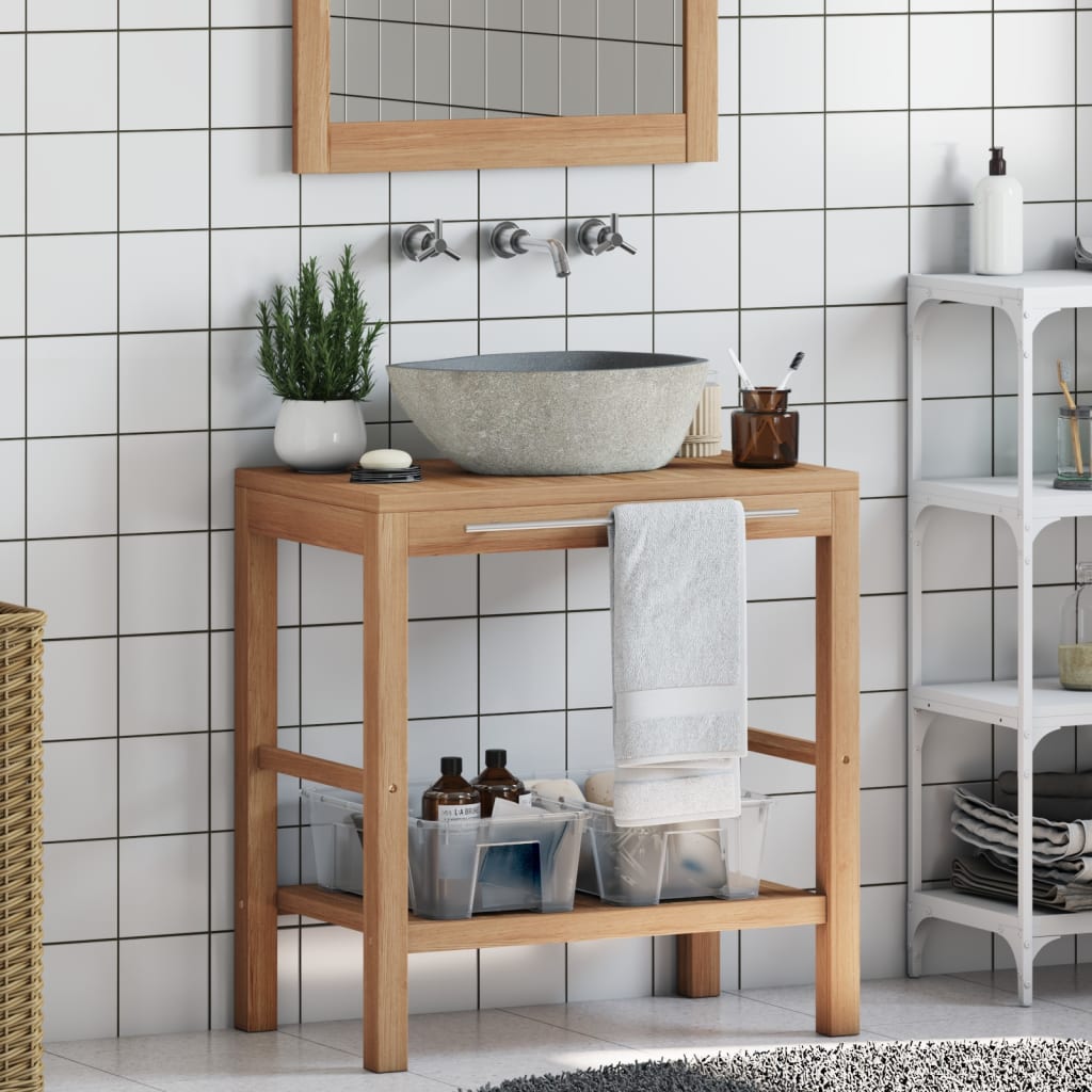 Baderomshylle heltre teak med vaskeskål av elvestein