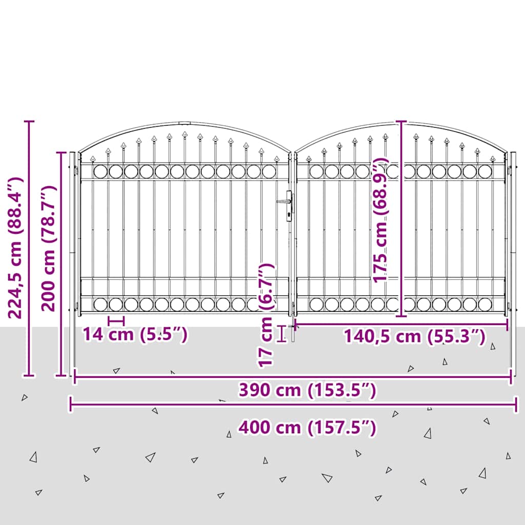 Gjerdeport ASSEN dobbeldør med buet topp stål 400x175 cm