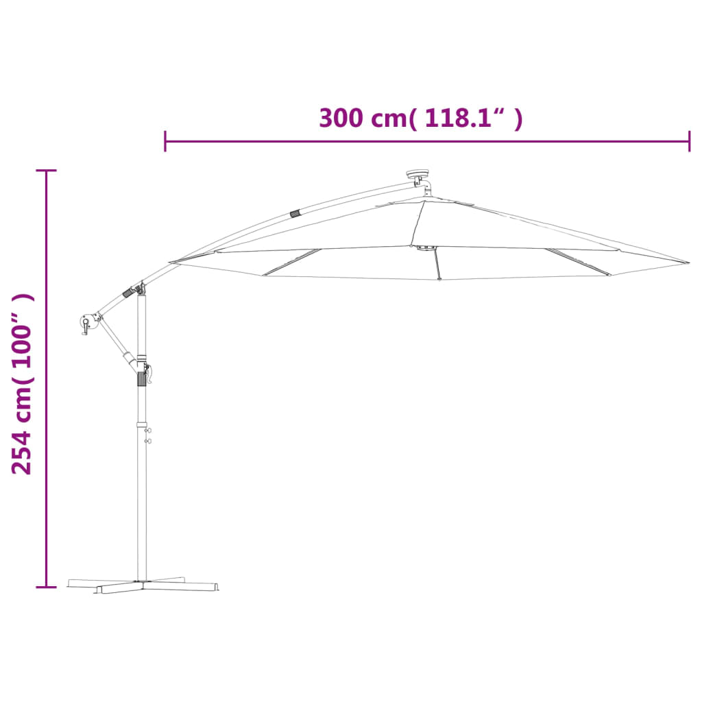 Hengende hageparasoll med LED-lys og stålstang 300 cm gråbrun