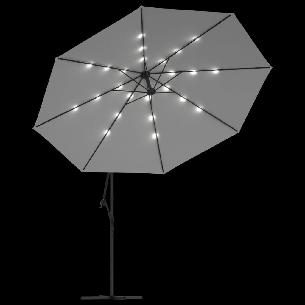 Hengende hageparasoll med LED-lys og metallstang 350 cm sand