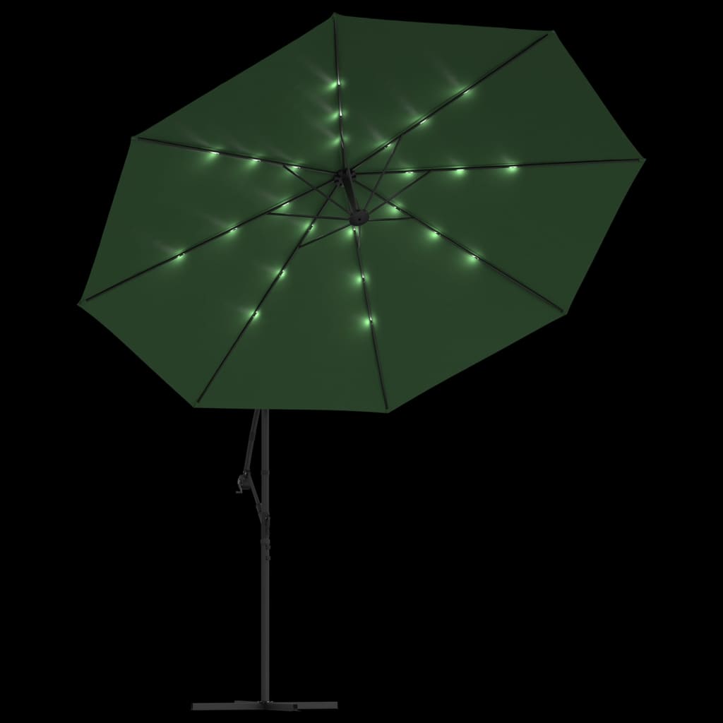Hengende hageparasoll med LED-lys og metallstang 350 cm grønn