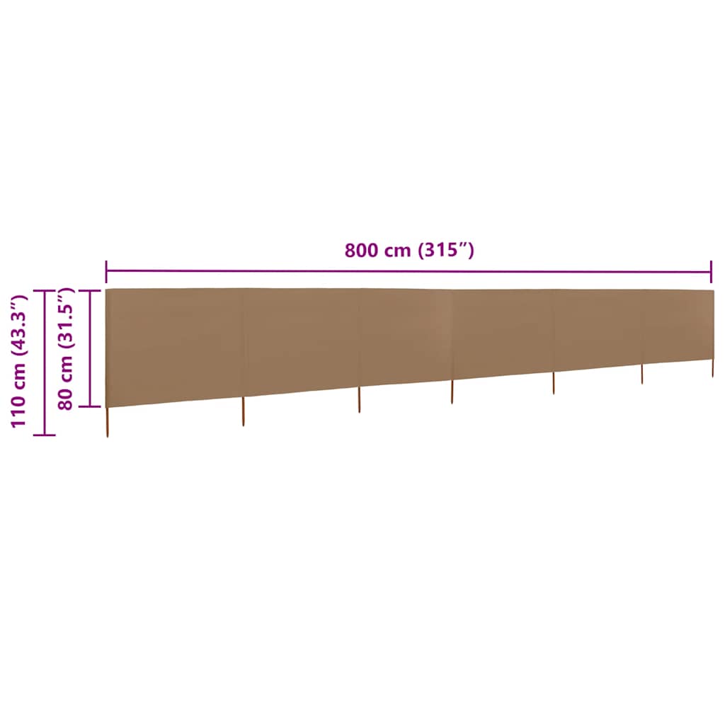 Vindskjerm 6 paneler stoff 800x80 cm gråbrun vidaXL
