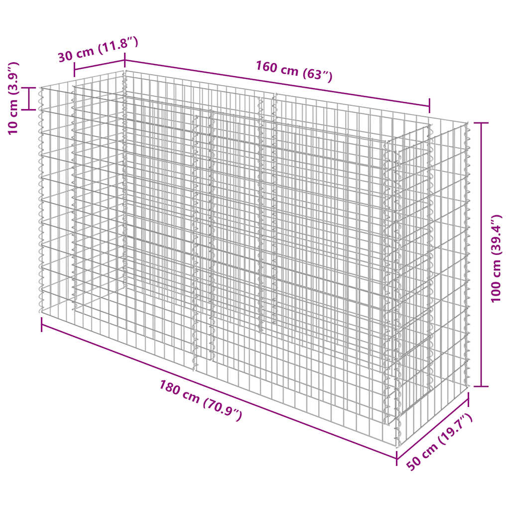 Gabion høybed galvanisert stål 180x50x100 cm vidaXL