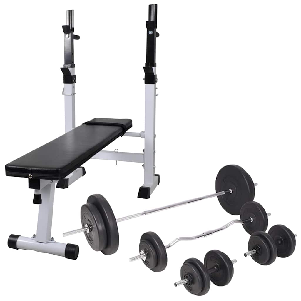 Treningsbenk med vektstativ, vektstang og manualsett 90 kg