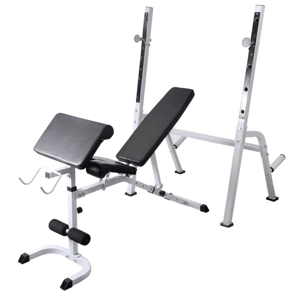 Treningsbenk med vektstativ, vektstang og manualsett 90kg