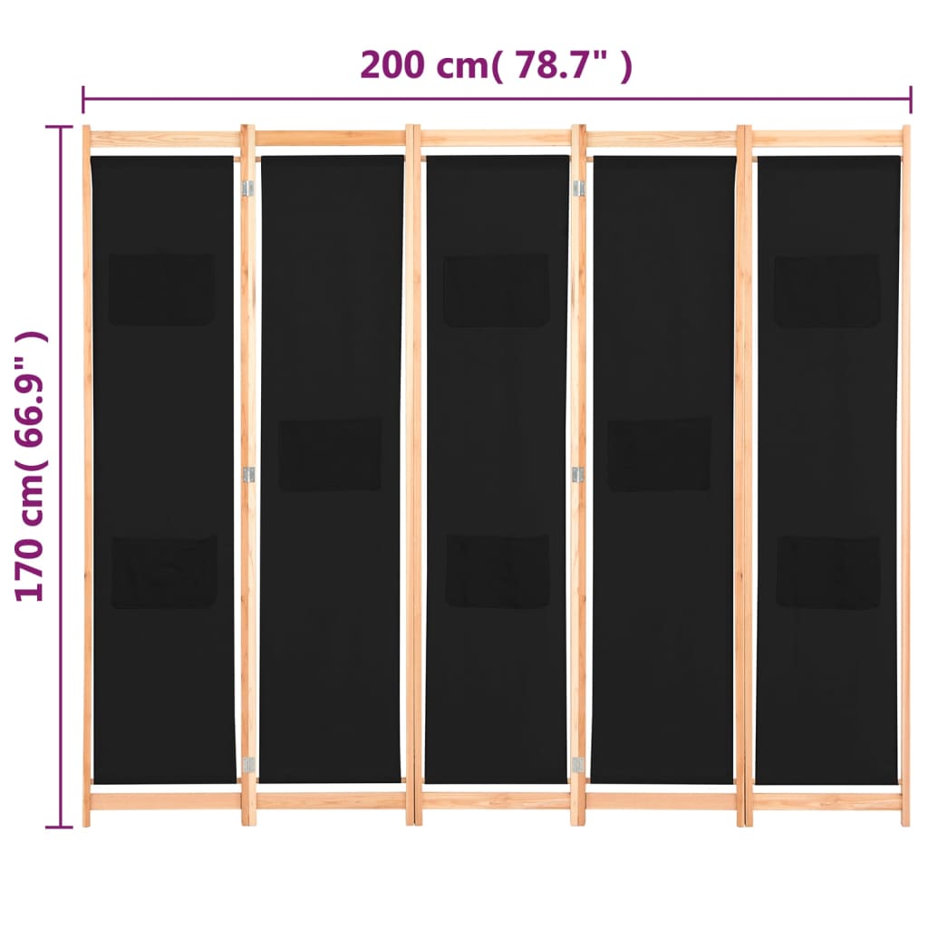 Romdeler 5 paneler svart 200x170x4 cm stoff vidaXL