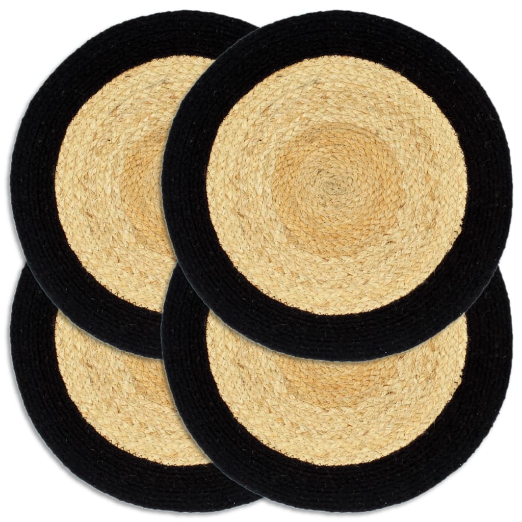 Bordmatter 4 stk naturell og svart 38 cm rund jute og bomull