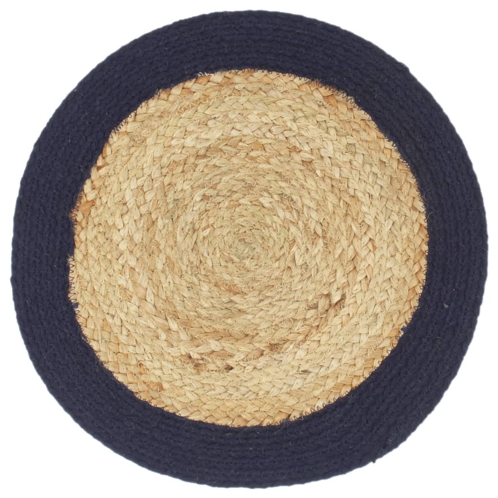 Bordmatter 4 stk naturell og marineblå 38cm rund jute og bomull