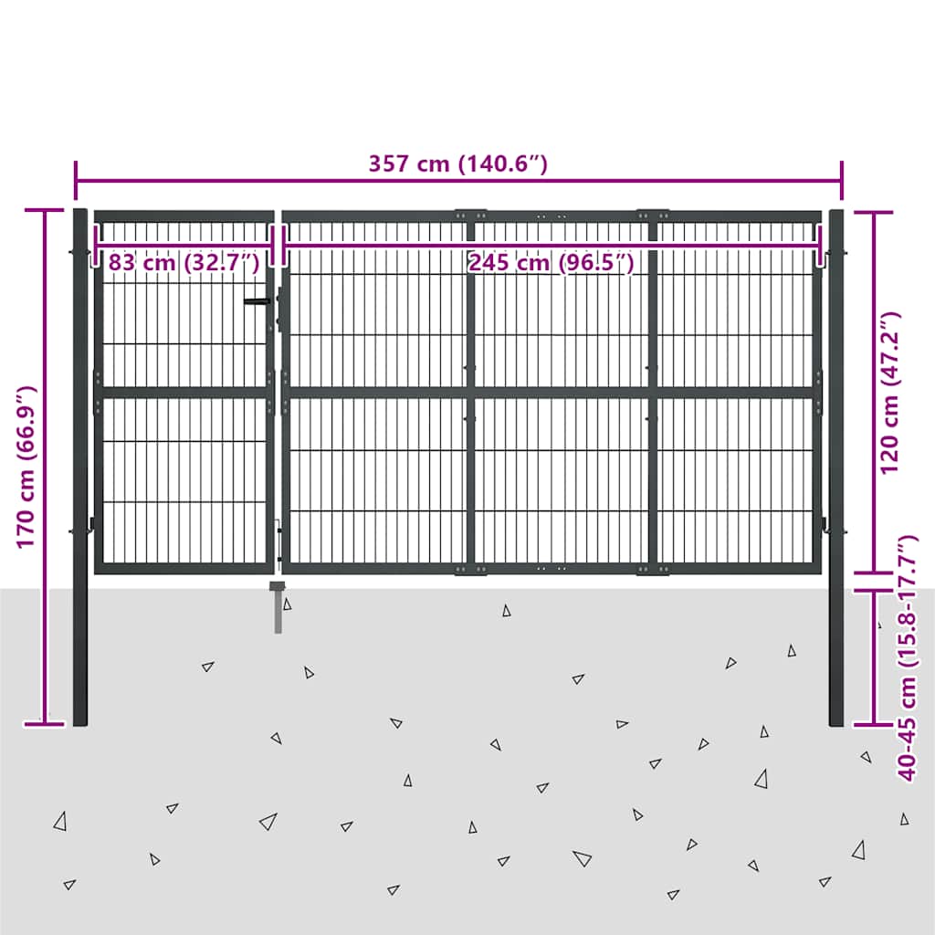 Hageport med stolper stål 350x120 cm antrasitt