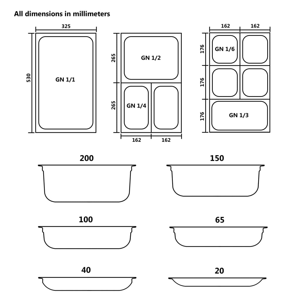 Gastronormbeholdere 8 stk GN 1/2 20 mm rustfritt stål