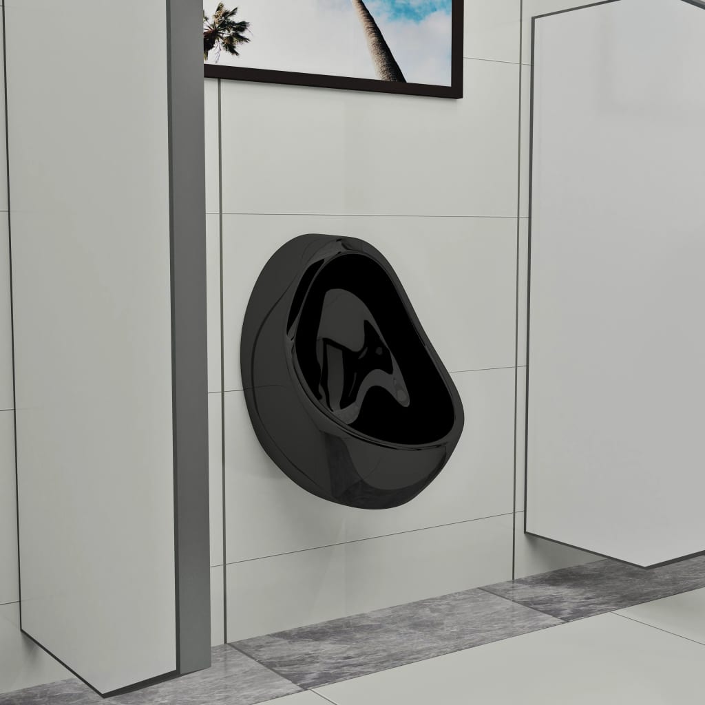 Vegghengt urinal med spyleventil keramisk svart