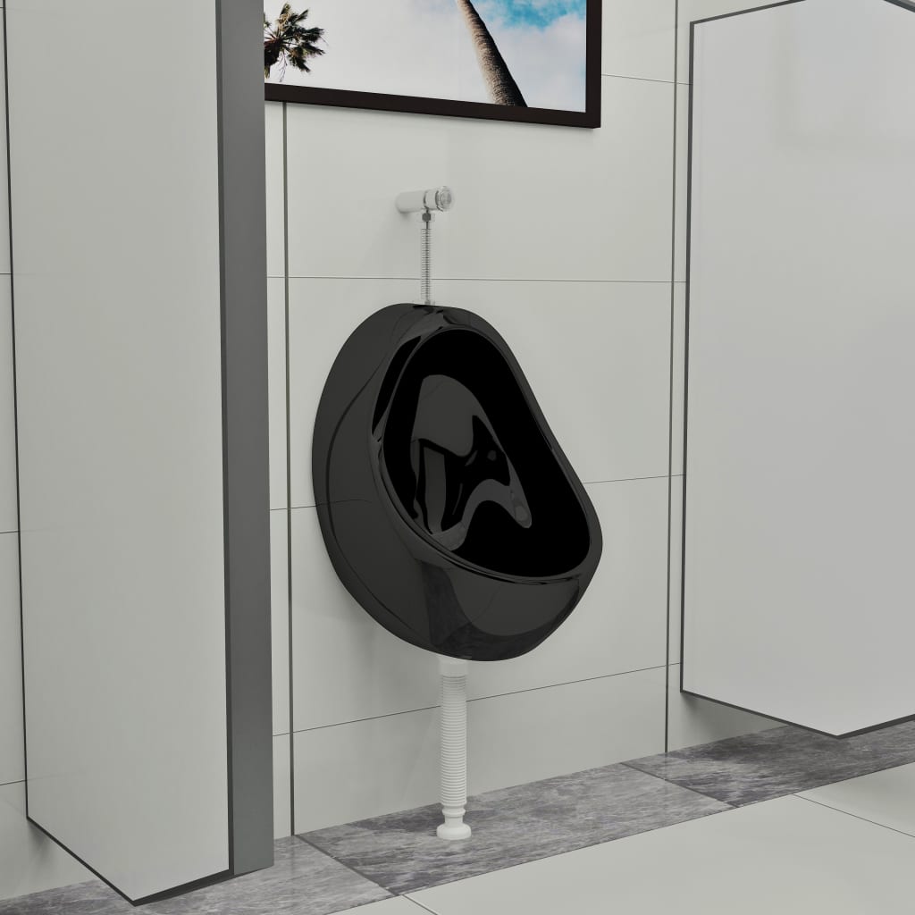 Vegghengt urinal med spyleventil keramisk svart