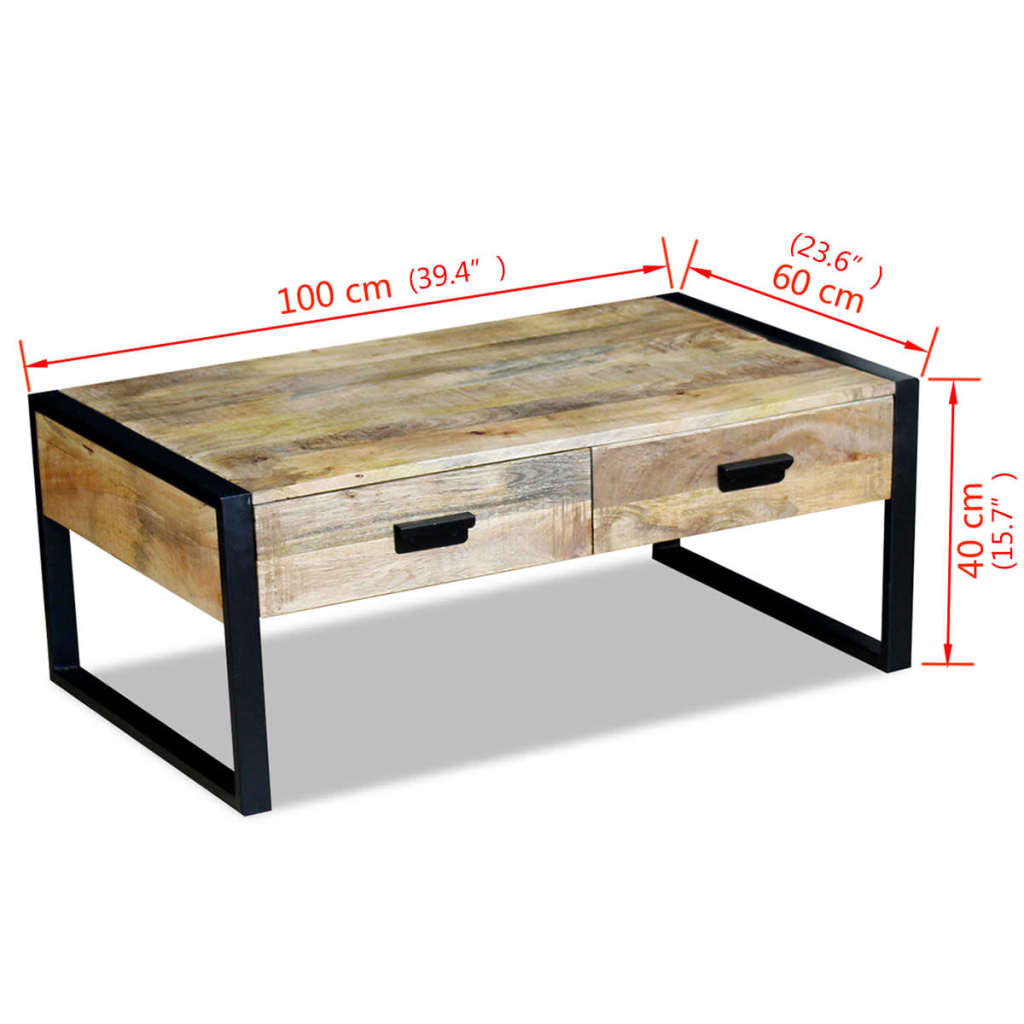 Kaffebord med 2 Skuffer Solid Mangotre 100x60x40 cm vidaXL