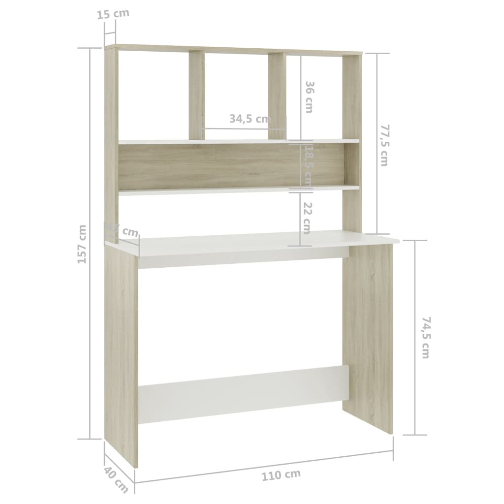 Skrivebord med hyller hvit og sonoma eik 110x45x157cm sponplate
