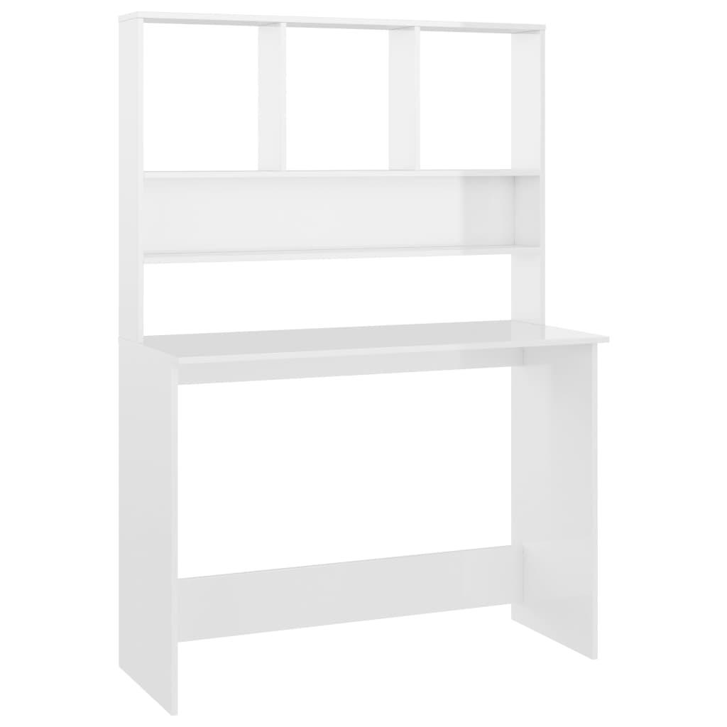 Skrivebord med hyller høyglans hvit 110x45x157 cm sponplate