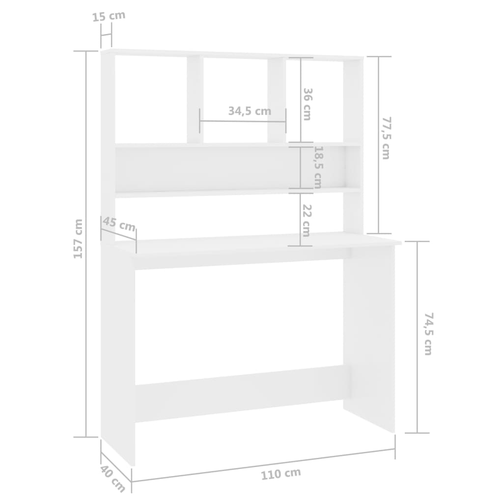 Skrivebord med hyller høyglans hvit 110x45x157 cm sponplate