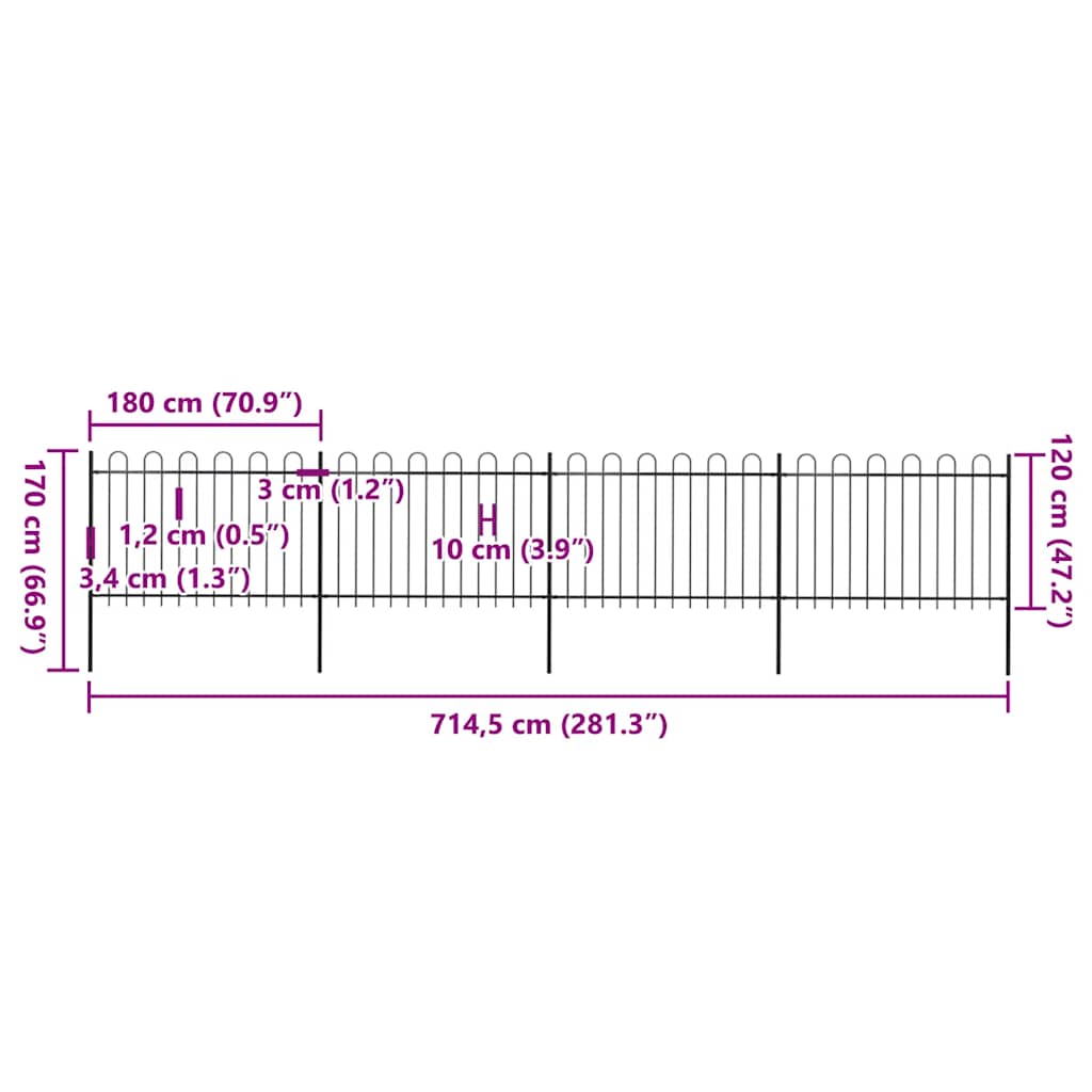Hagegjerde med bøyleplate stål 714,5x120 cm svart
