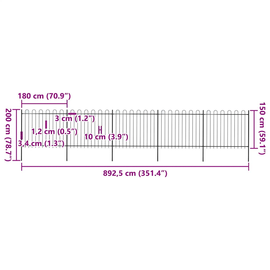 Hagegjerde med bøyleplate stål 892,5x150 cm svart