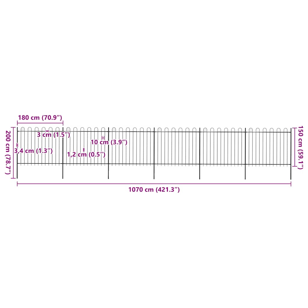Hagegjerde med bøyleplate stål 1070x150 cm svart