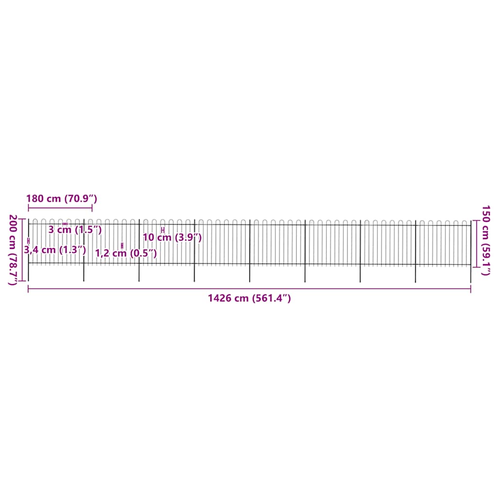 Hagegjerde med bøyleplate stål 1426x150 cm svart