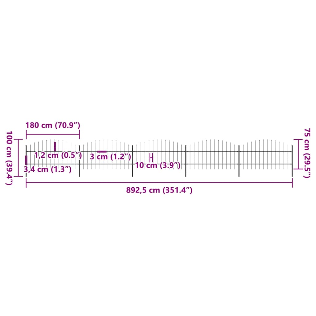 Hagegjerde med spydtopp stål 892,5x100 cm svart