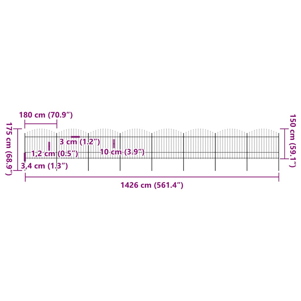 Hagegjerde med spydtopp stål 1426x175 cm svart