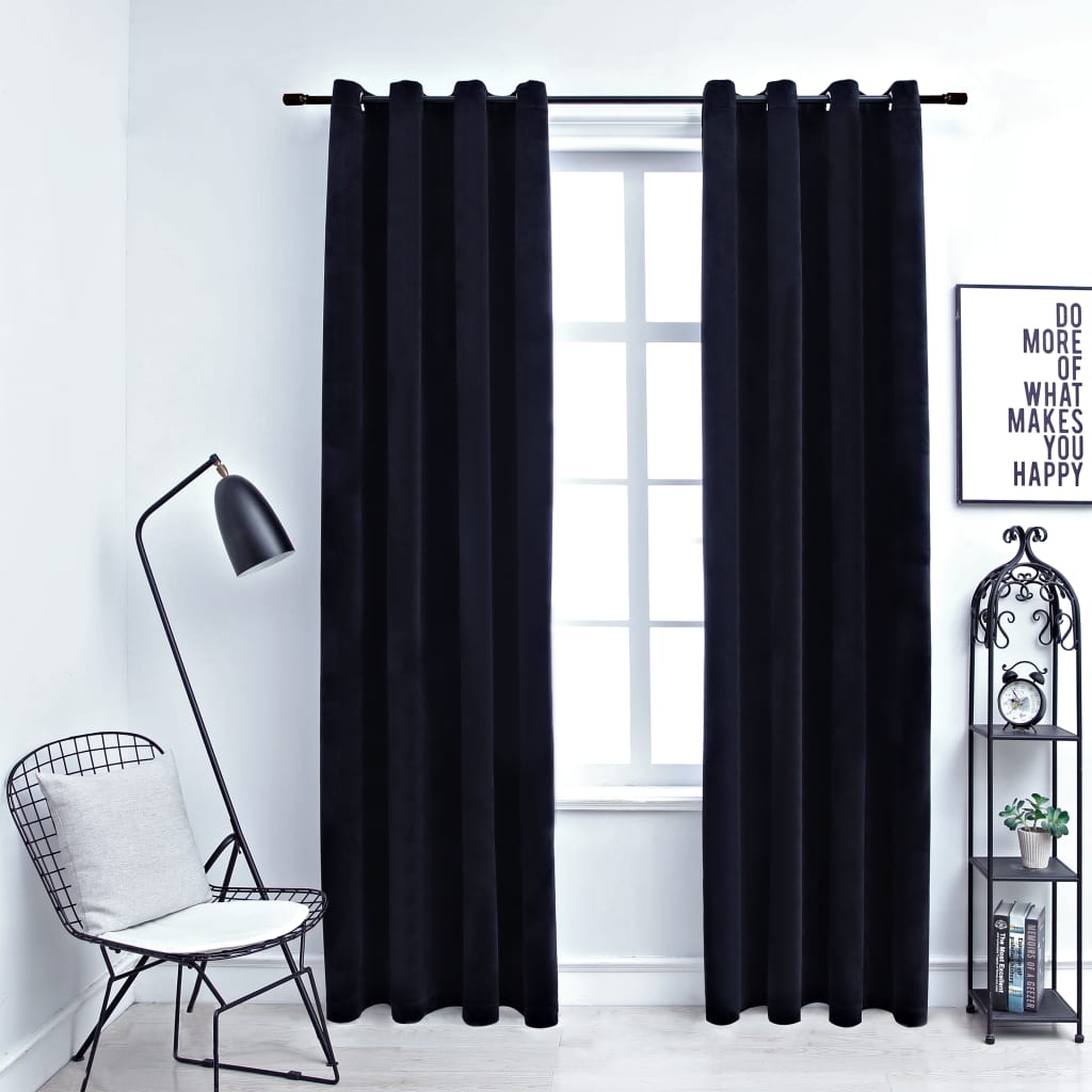 Lystette gardiner med ringer 2 stk fløyel svart 140x225 cm