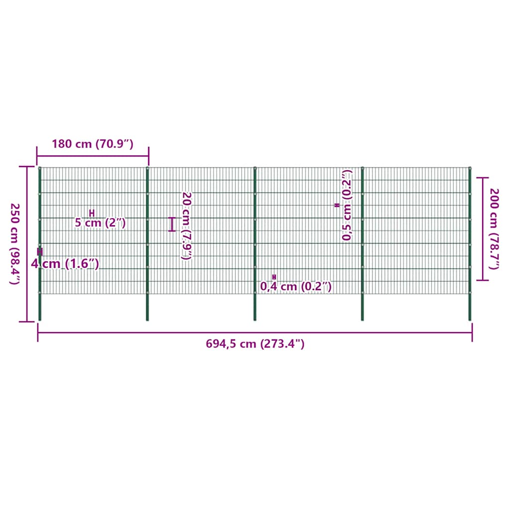 Gjerdepanel med stolper jern 694,5x200 cm grønn