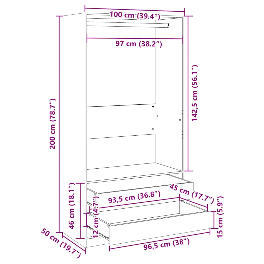 Garderobe hvit 100x50x200 cm konstruert tre