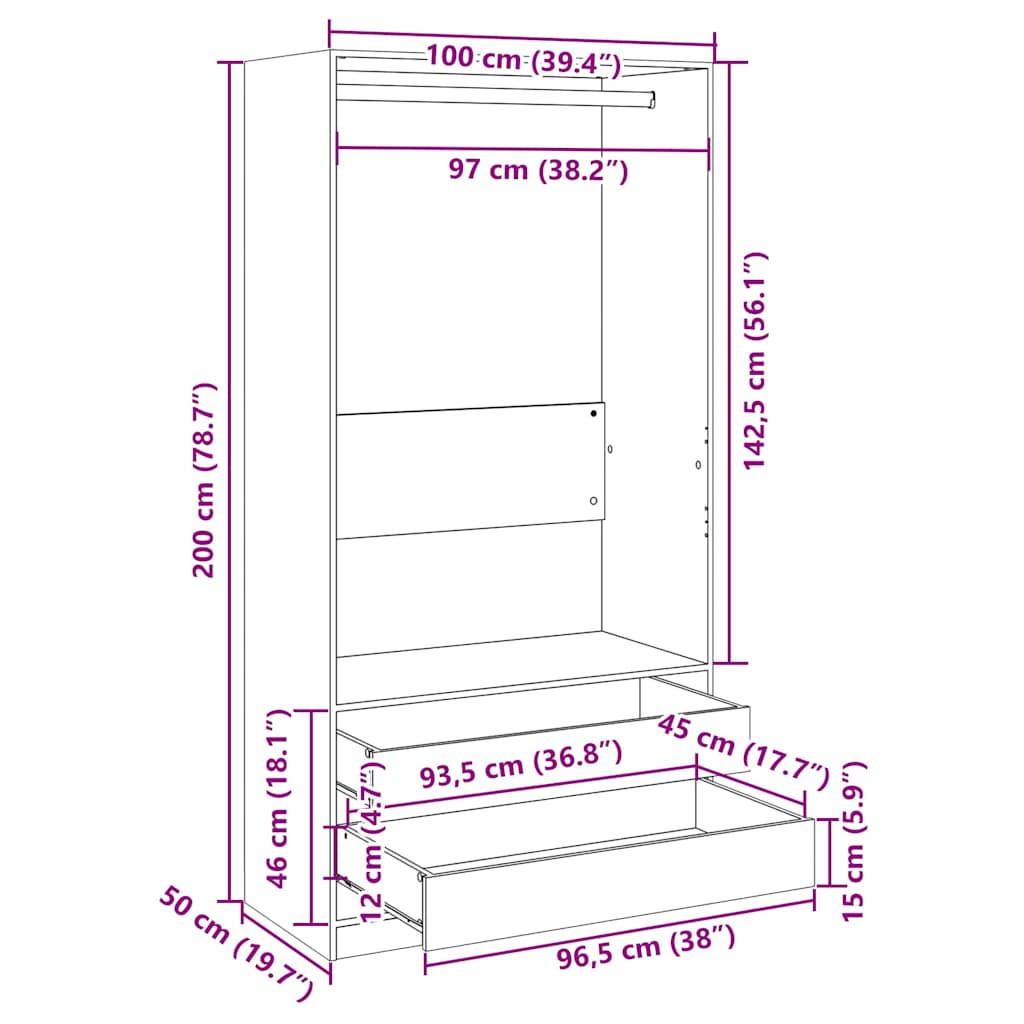 Garderobe sonoma eik 100x50x200 cm konstruert tre