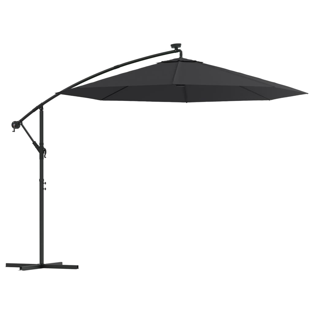 Hengende hageparasoll med LED-lys og stålstang 300 cm svart vidaXL