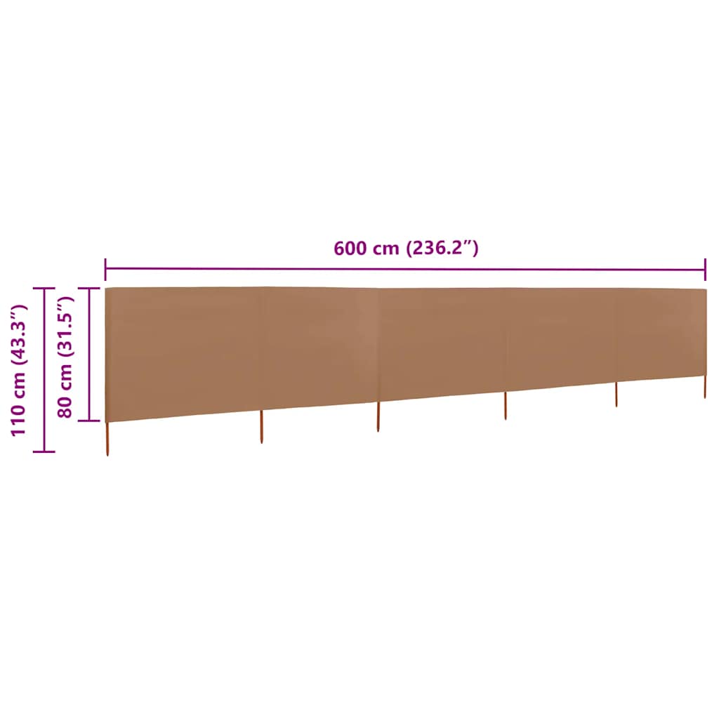 Vindskjerm 5 paneler stoff 600x80 cm gråbrun vidaXL