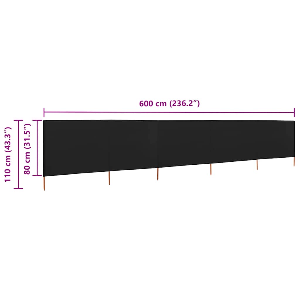 Vindskjerm 5 paneler stoff 600x80 cm svart