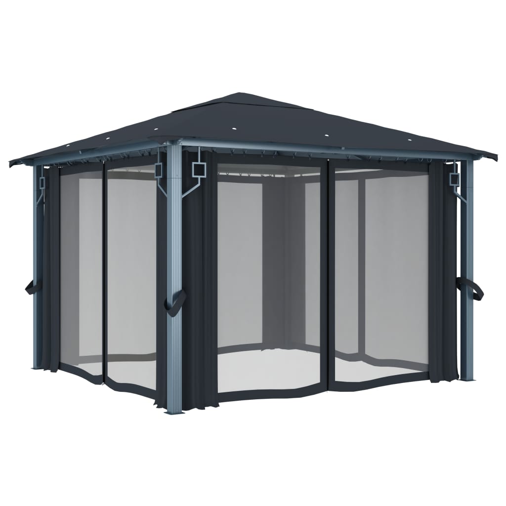 Paviljong med gardin 300x300 cm antrasitt aluminium