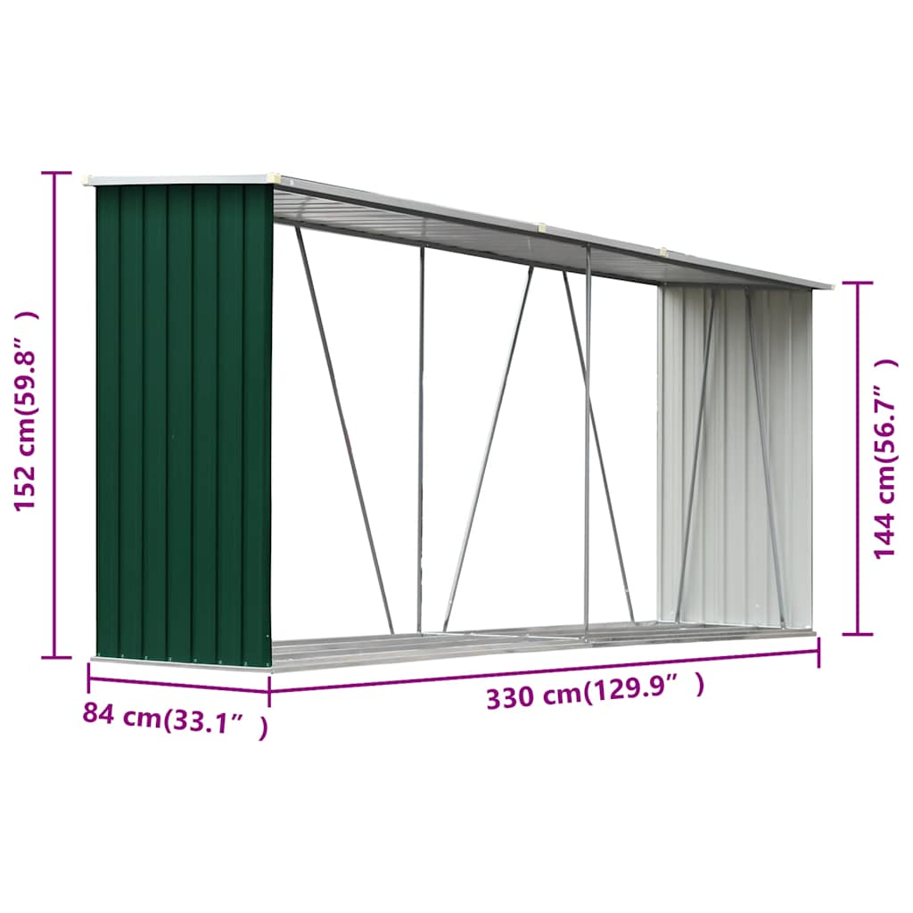 Vedskjul galvanisert stål 330x84x152 cm grønn