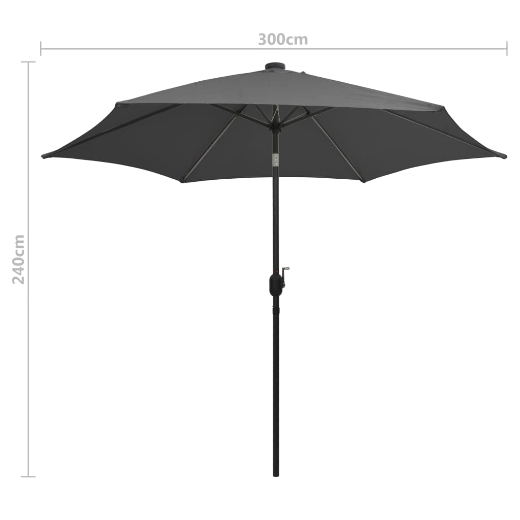 Hageparasoll med LED-lys og aluminiumsstang 300 cm antrasitt