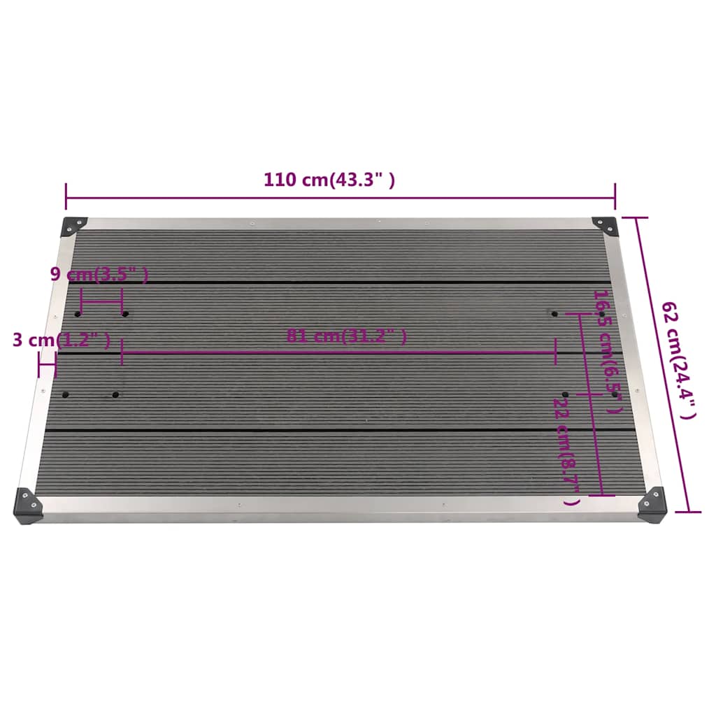 Utendørs dusjbrett WPC rustfritt stål 110x62 cm grå