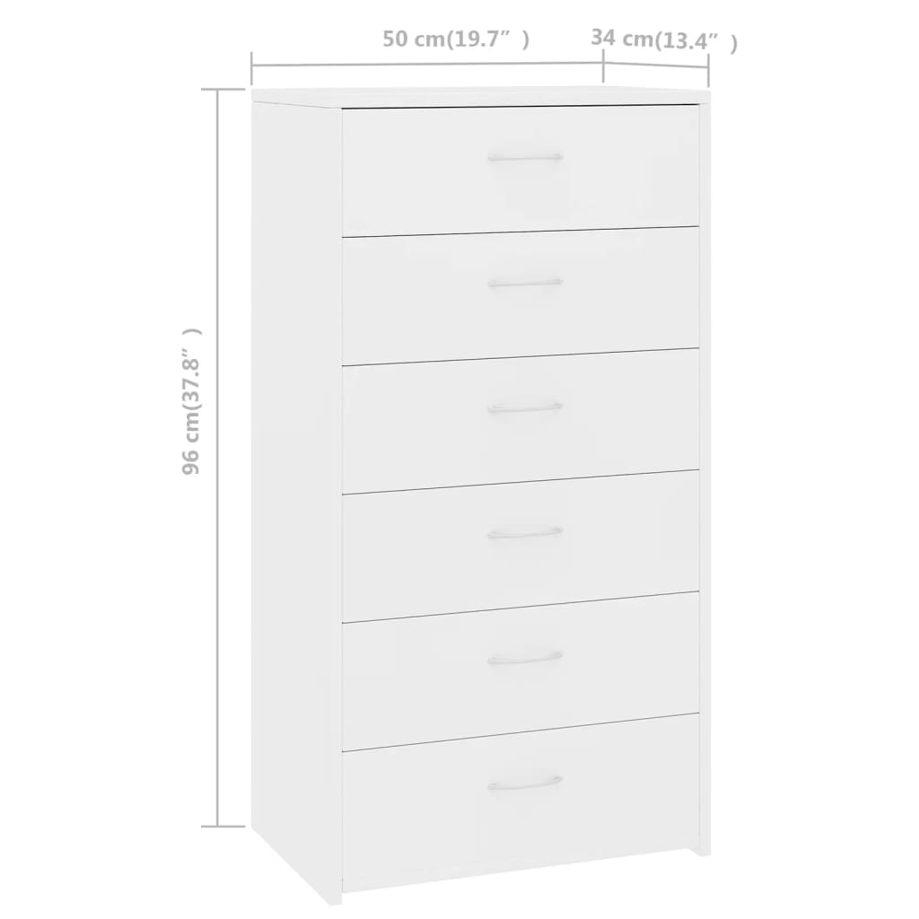 Skjenk med 6 skuffer hvit 50x34x96 cm konstruert tre