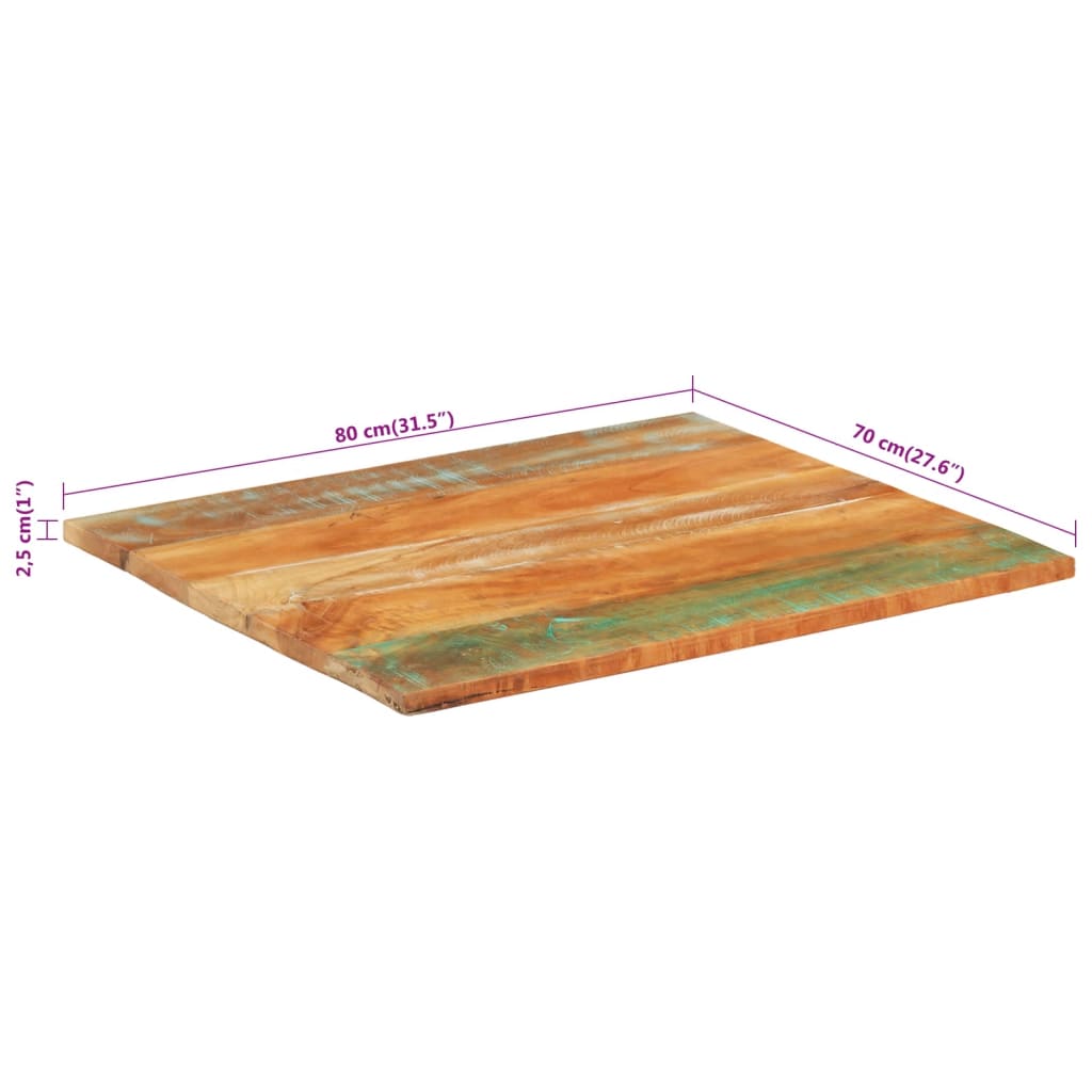 Rektangulær bordplate 70x80 cm 25-27 mm gjenvunnet heltre