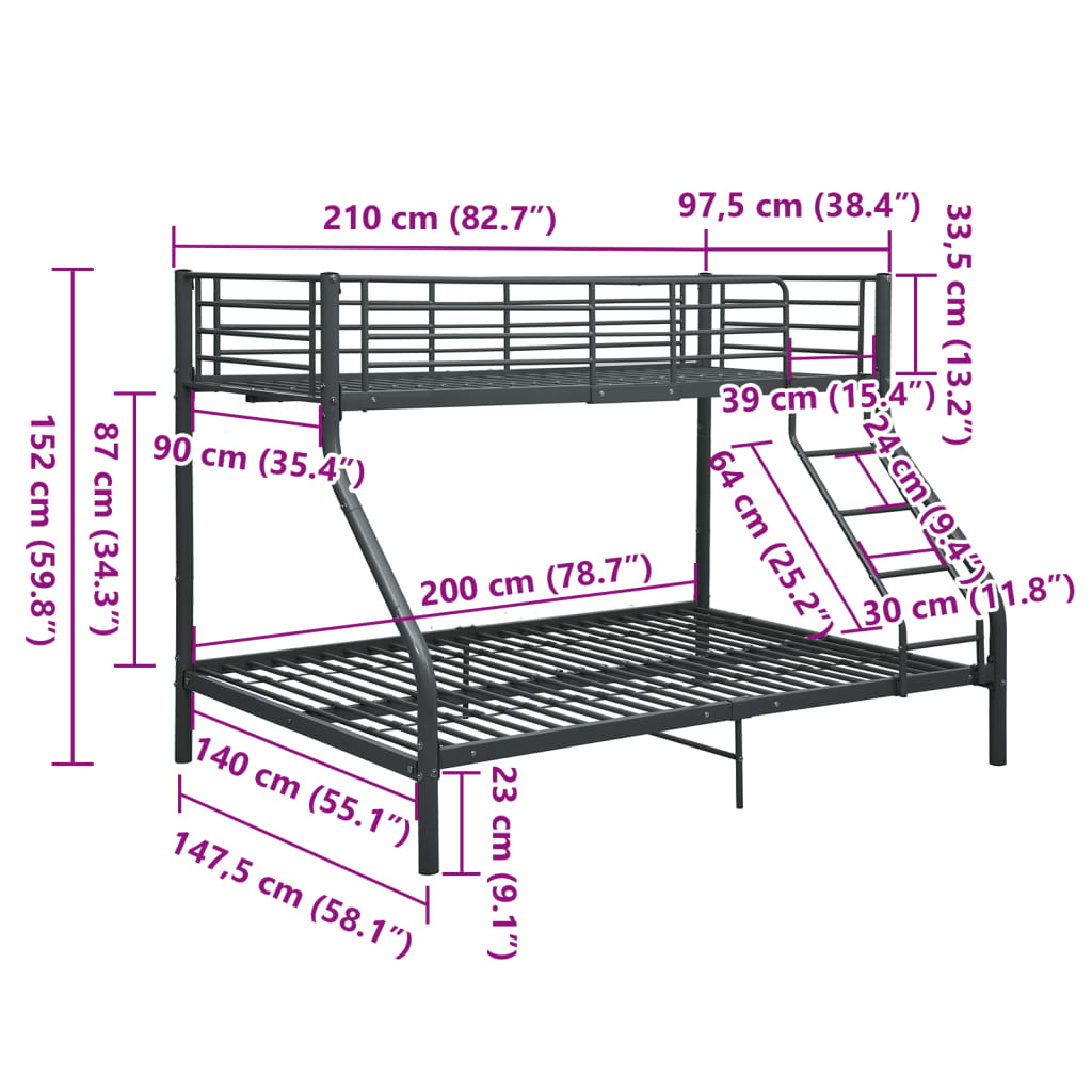 Køyeseng ramme svart metall 140x200 cm/90x200 cm