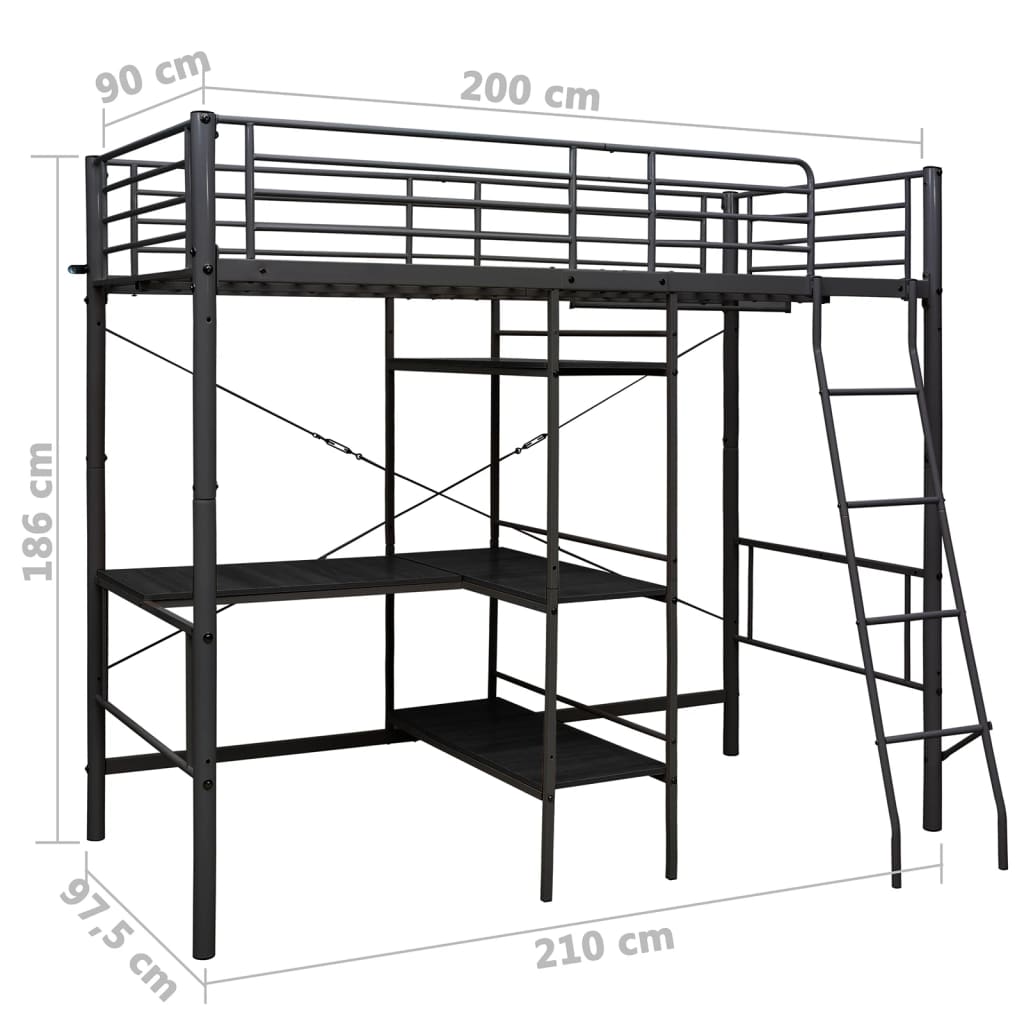 Køyeseng med bord ramme svart metall 90x200 cm
