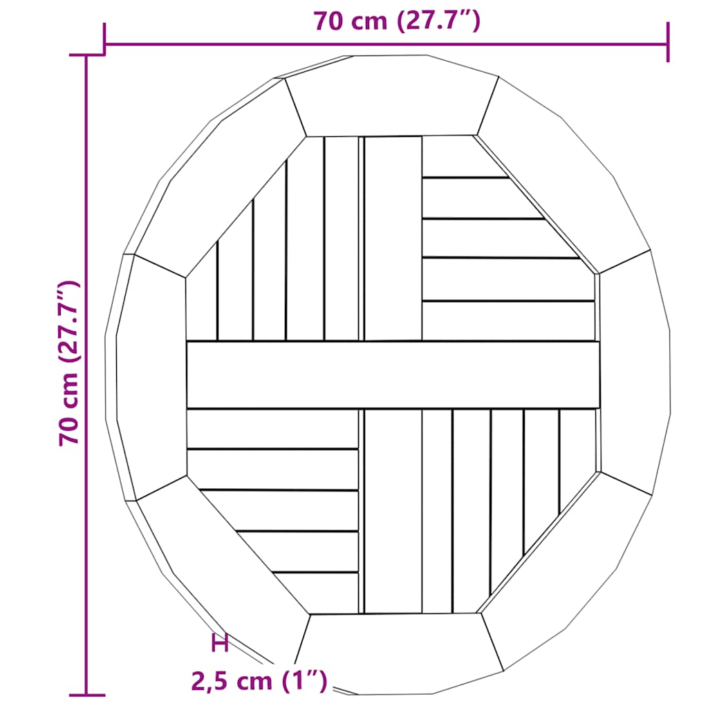 Bordplate heltre teak 2,5 cm 70 cm