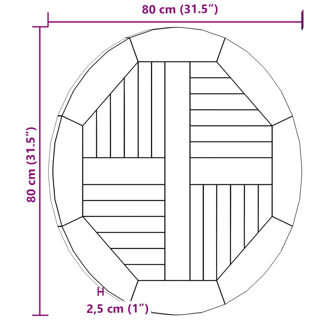 Bordplate heltre teak 2,5 cm 80 cm