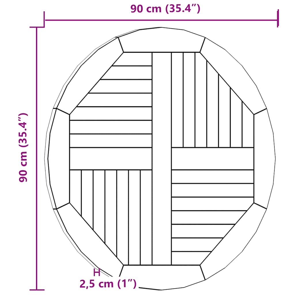 Bordplate heltre teak 2,5 cm 90 cm vidaXL